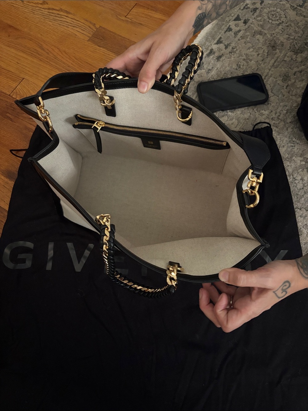 Givenchy Black & White Canvas Logo Tote with Chain Handles - Picture 2 of 3